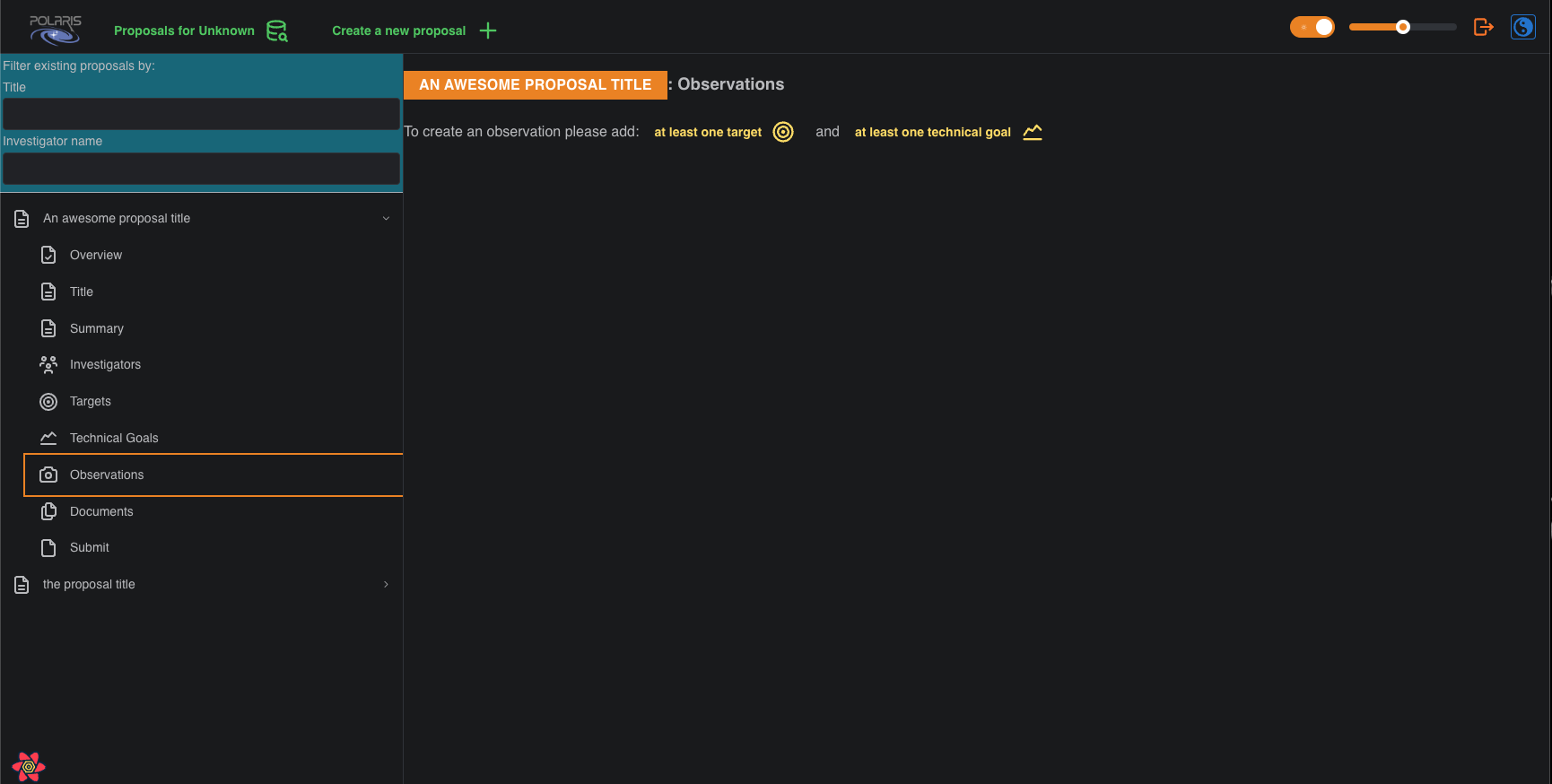 trying to add observation before adding targets and technical goals