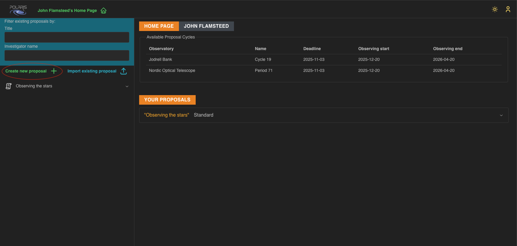 polaris home page, highlighting the create a new proposal button