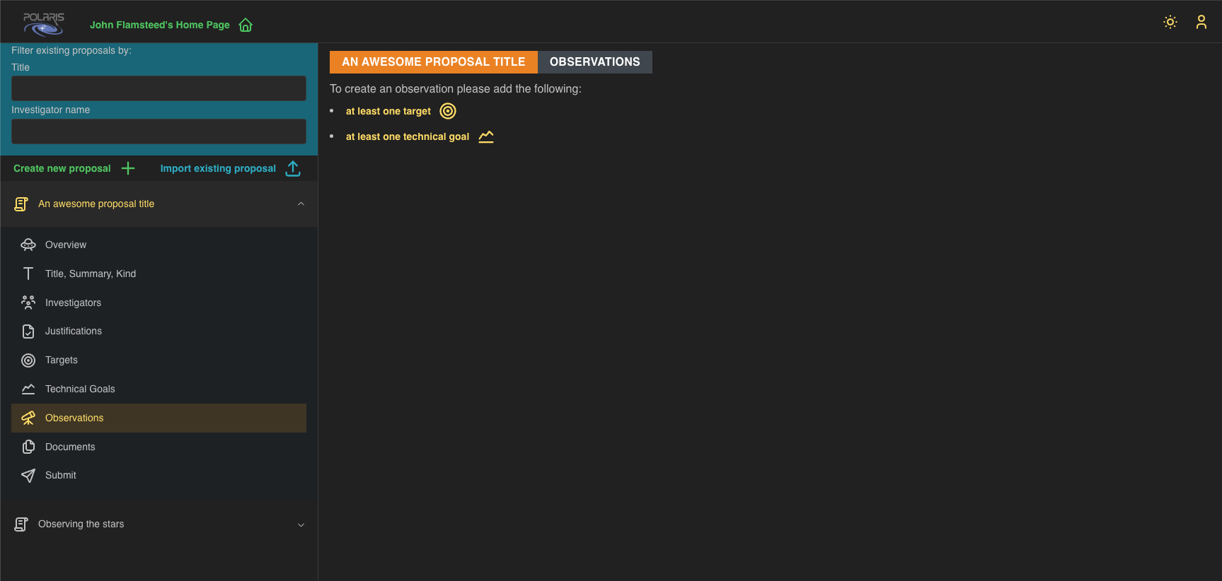 trying to add observation before adding targets and technical goals