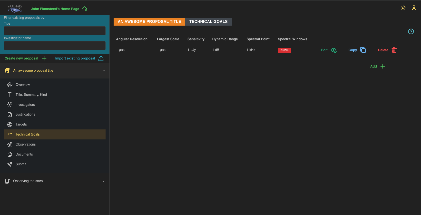 technical goals summary page