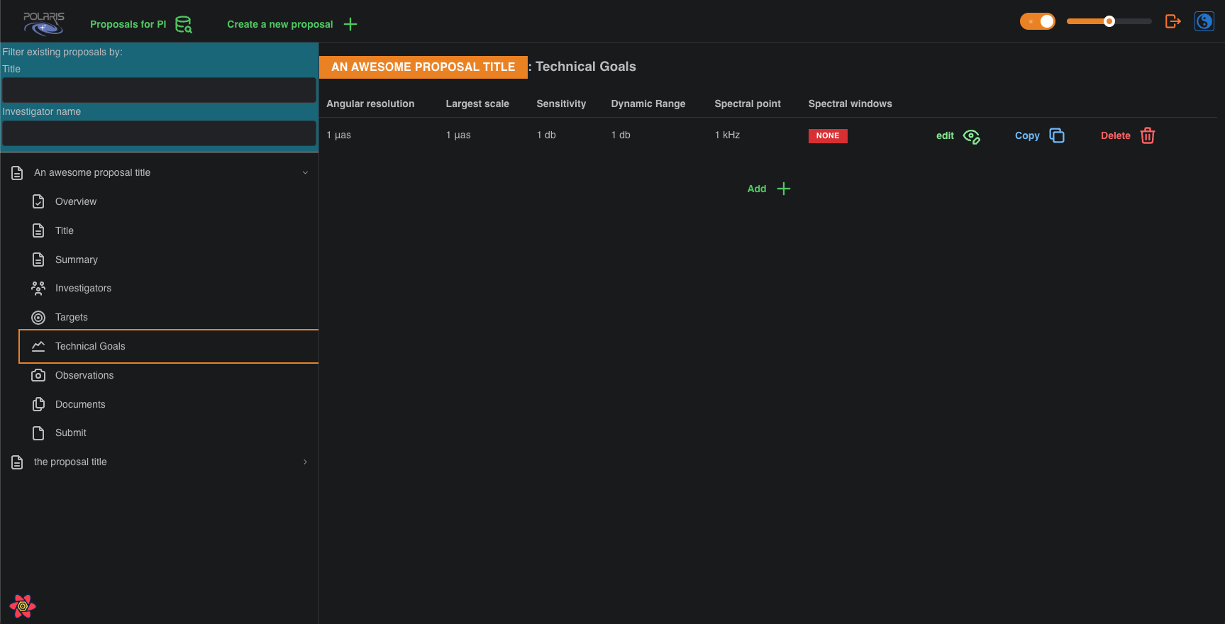 technical goals summary page