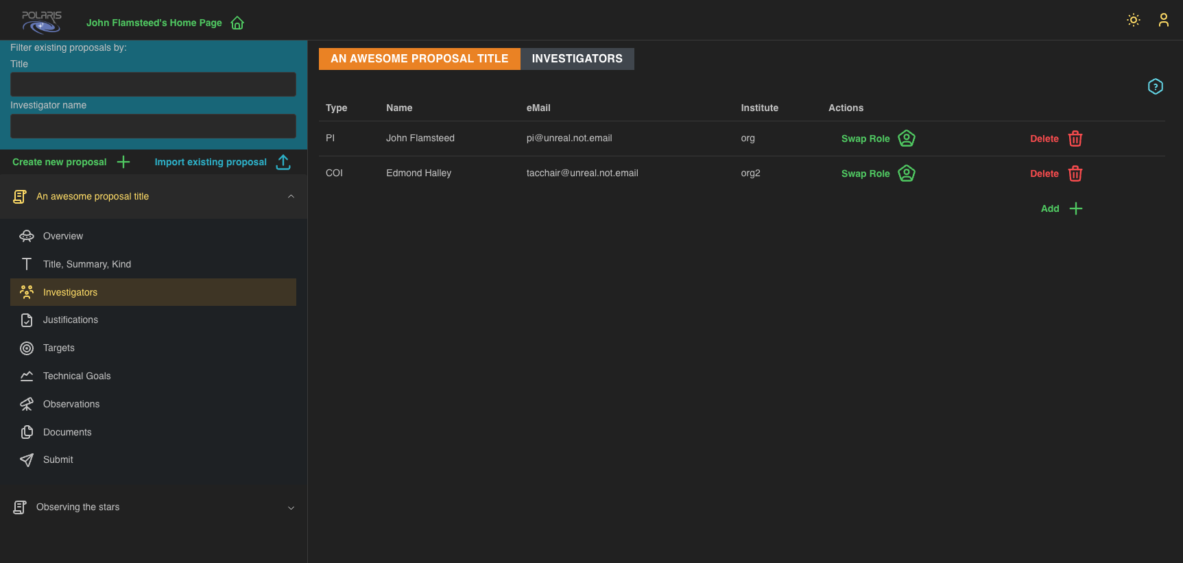 polaris list investigators PI and CoI